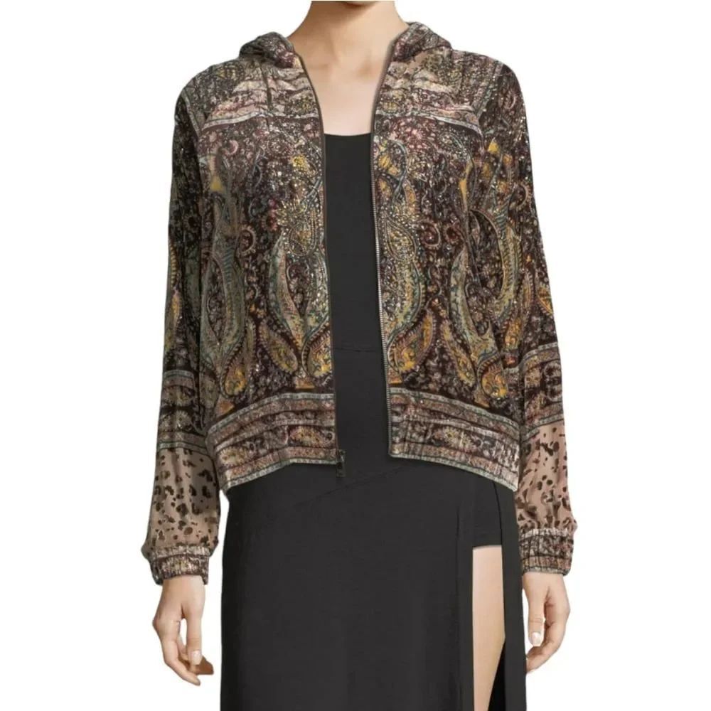 NWT HAUTE HIPPIE Sahara Velour Hooded Zip-Front Beaded Printed Bomber Jacket XS